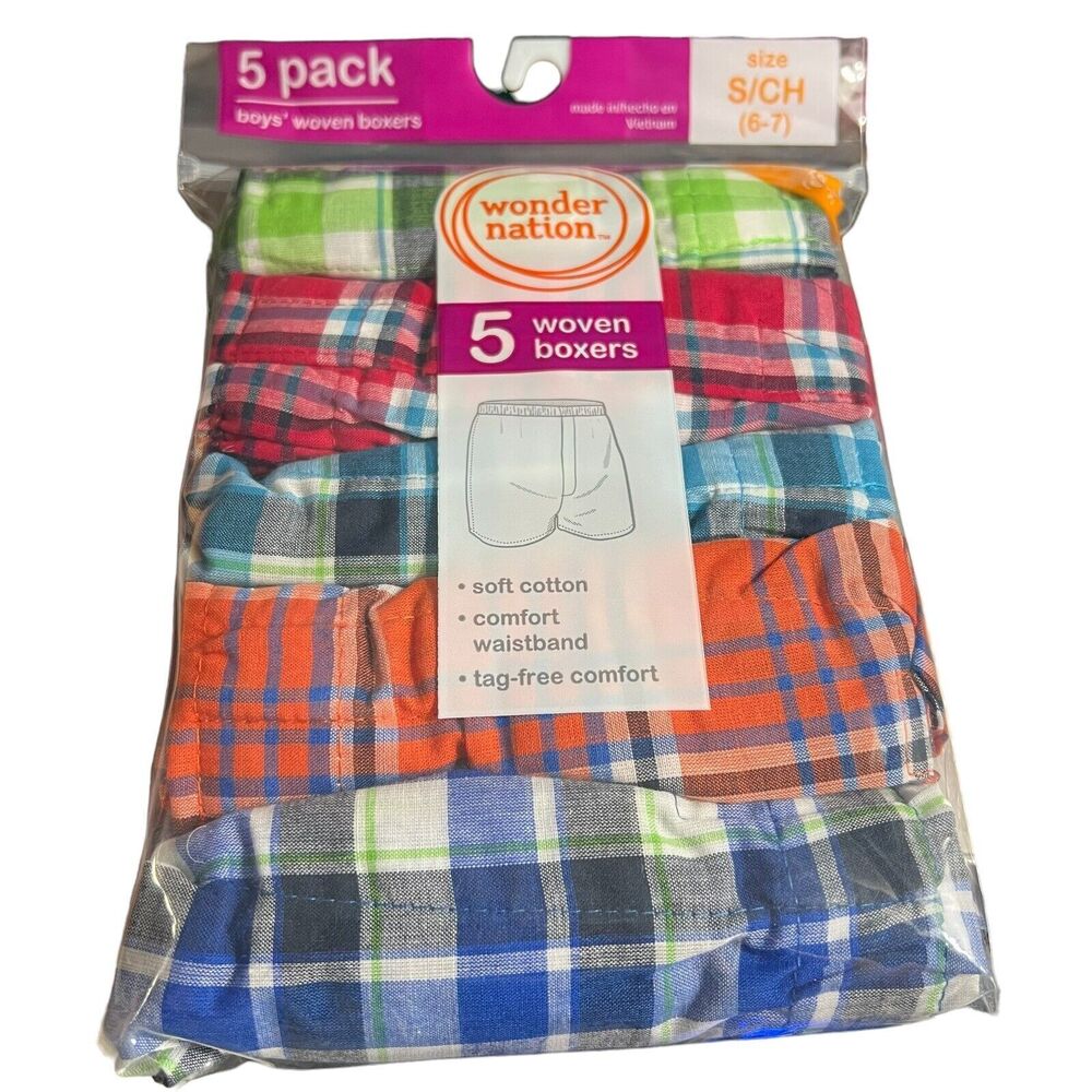 Boys 5 Pack Wonder Nation Woven Boxers Size Small 6-7 Plaid